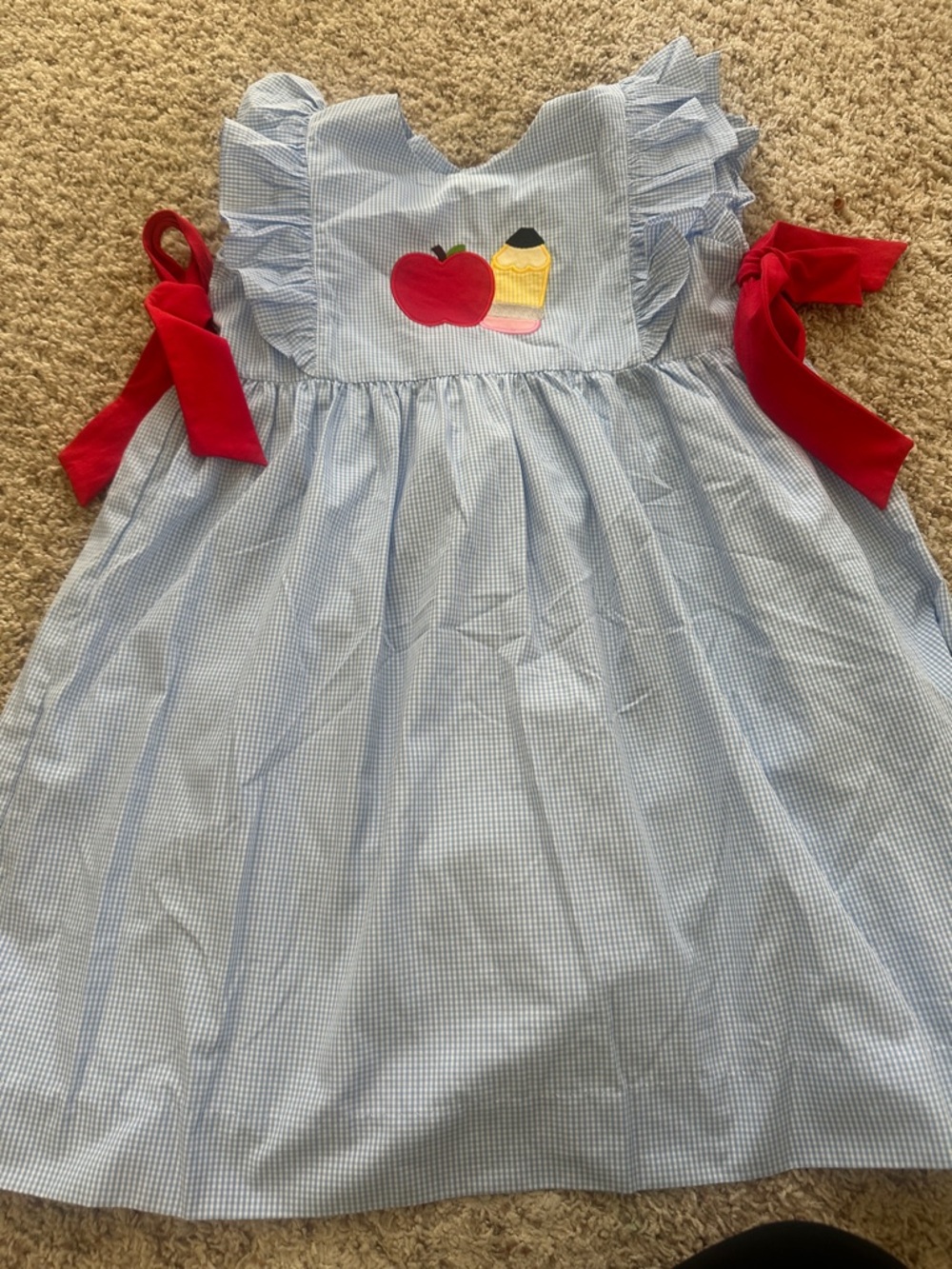 Blue Gingham Ruffle Dress with Apple & pencil Applique